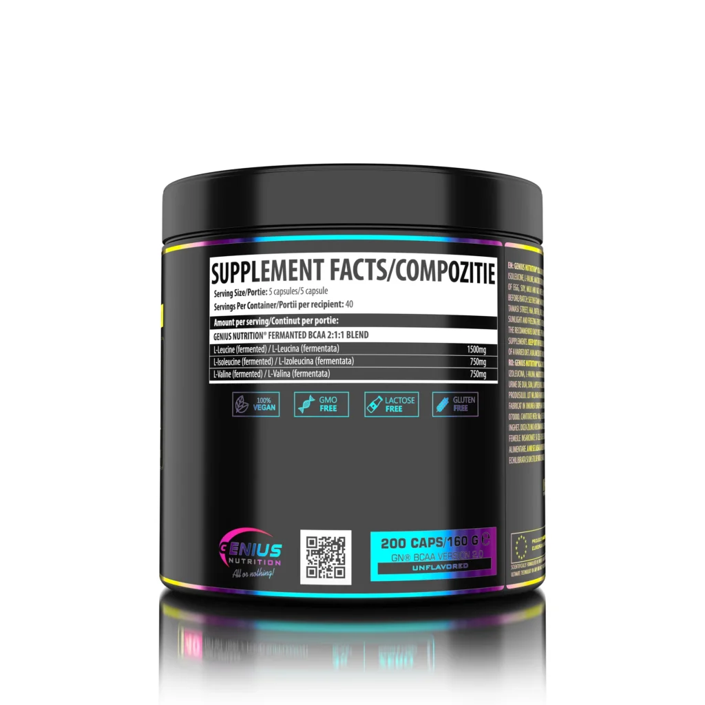 Genius Nutrition BCAA 200 – Enhanced Muscle Recovery Formula | Genius Nutrition | 200 Capsules - product photo 1, Amino Acids & SPORT.