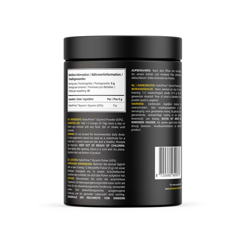 HydroPrime Glycerol Powder – Advanced Hydration Formula | Dedicated Nutrition | 200g - Science-Backed Performance HydroPrime Glycerol Powder – Advanced Hydration Formula | Dedicated Nutrition | 200g - product photo 1, Electrolytes & Hydration & SPORT.