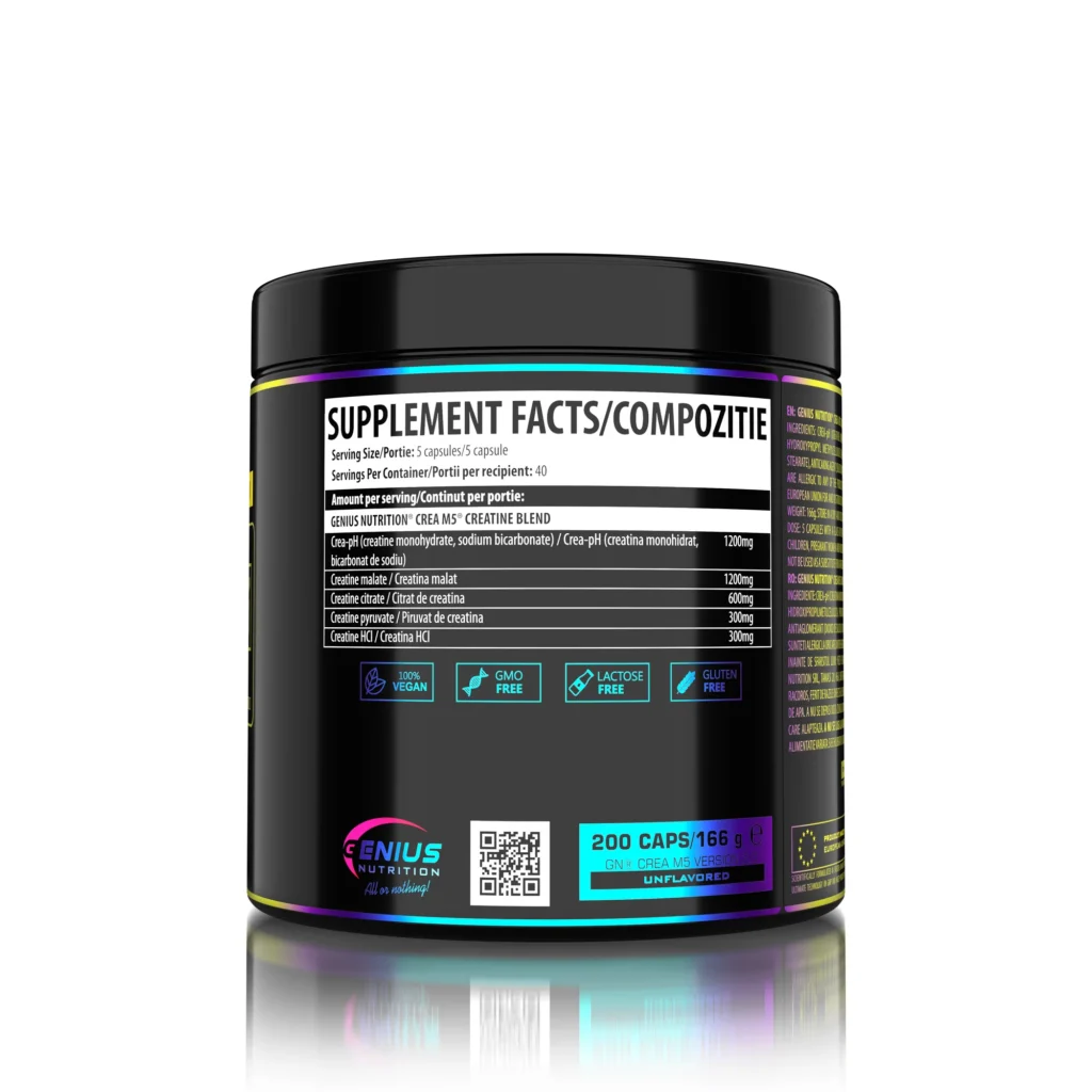 CREA-M5 – Multi-Functional Creatine Blend | Genius Nutrition | 200 Capsules - product photo 1, Creatine & SPORT.