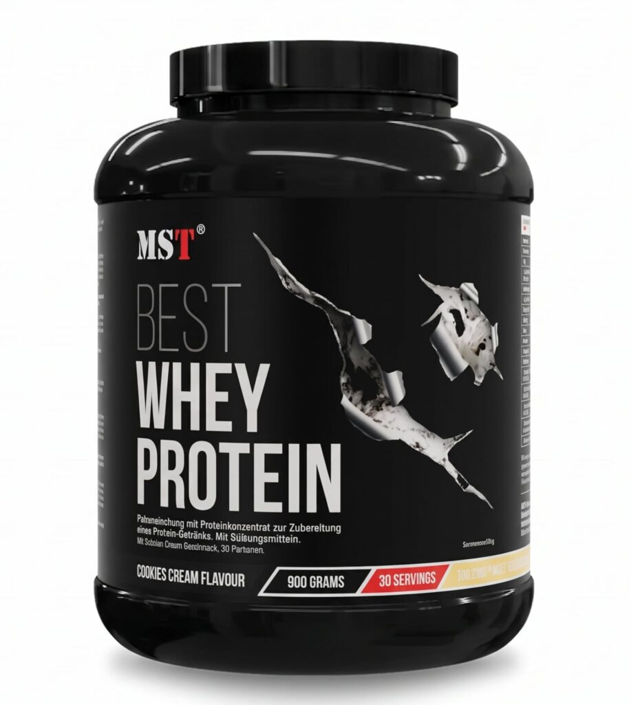 MST Best Whey Protein + Enzymes 900g maisto papildas sportininkams ir aktyviam gyvenimo būdui.