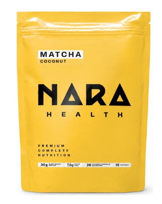 NARA Health Matcha Braškių Skonio Maisto Kokteilis maisto papildas sportininkams ir aktyviam gyvenimo būdui.