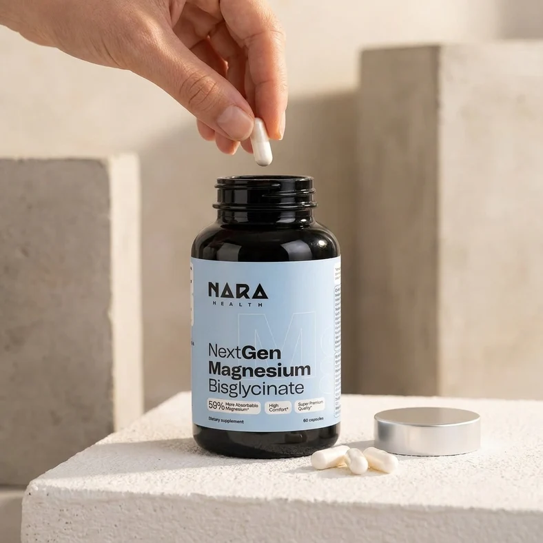 NextGen Magnesium Bisglycinate – Chelated Magnesium Capsule | NARA Health | 60 Capsules - Science-Backed Performance NextGen Magnesium Bisglycinate – Chelated Magnesium Capsule | NARA Health | 60 Capsules - product photo 2, HEALTH & SLEEP.