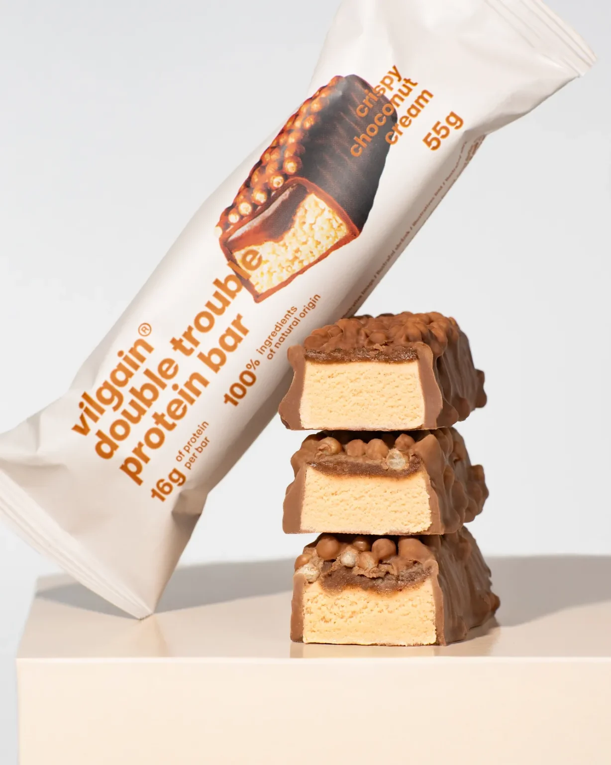 Vilgain Double Trouble Protein Bar Crispy Choco Nut Cream gardus užkandis kasdieniam energijos balansui.