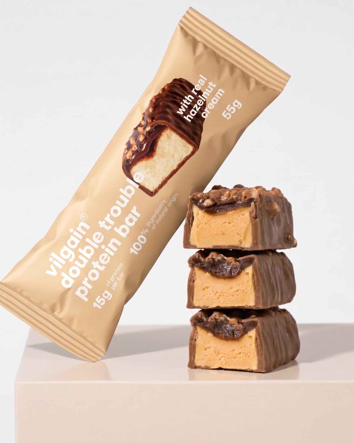Vilgain Double Trouble Protein Bar Hazelnut Cream gardus užkandis kasdieniam energijos balansui.