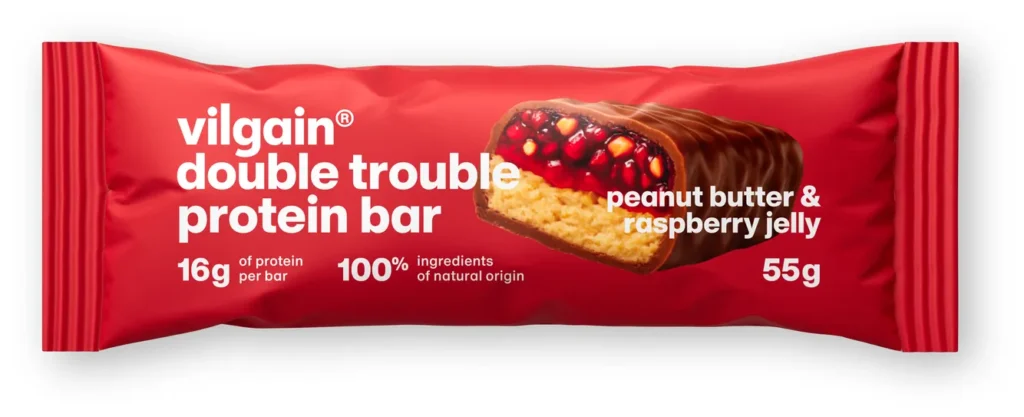 Double Trouble Protein Bar Peanut Butter Raspberry Jelly 55g – Quality Snack | Vilgain | - product photo 3, FUNCTIONAL FOOD & Protein Snacks & Sweets.