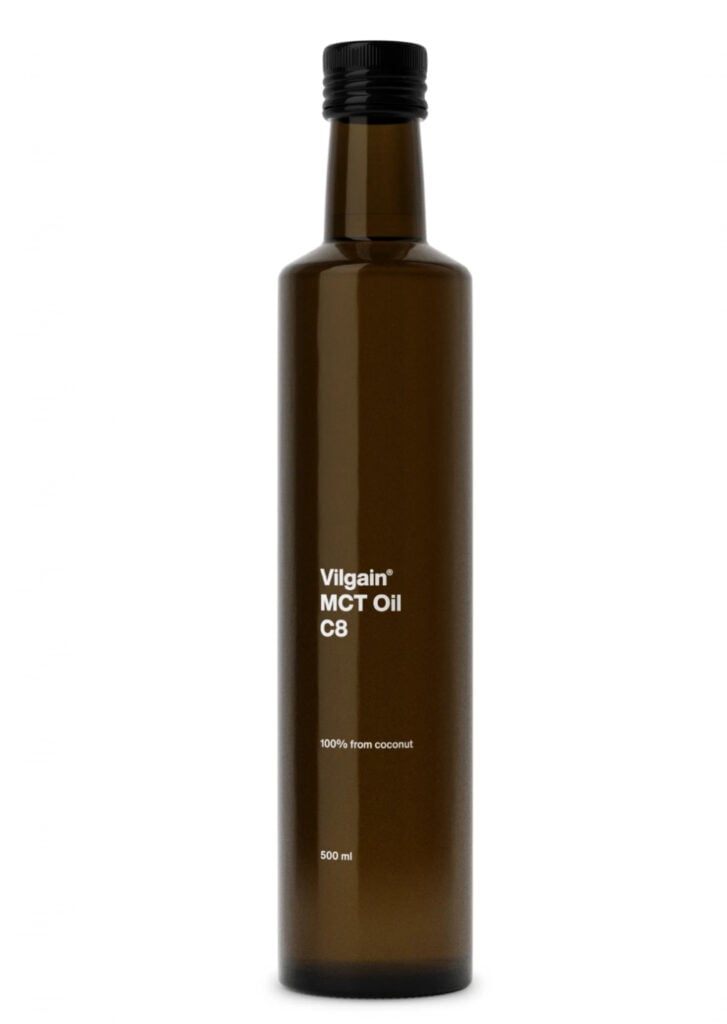 Vilgain MCT Coconut Oil C8 švarus kokosų kilmės aliejus, 500 ml tamsaus stiklo buteliukas su dozatoriumi.